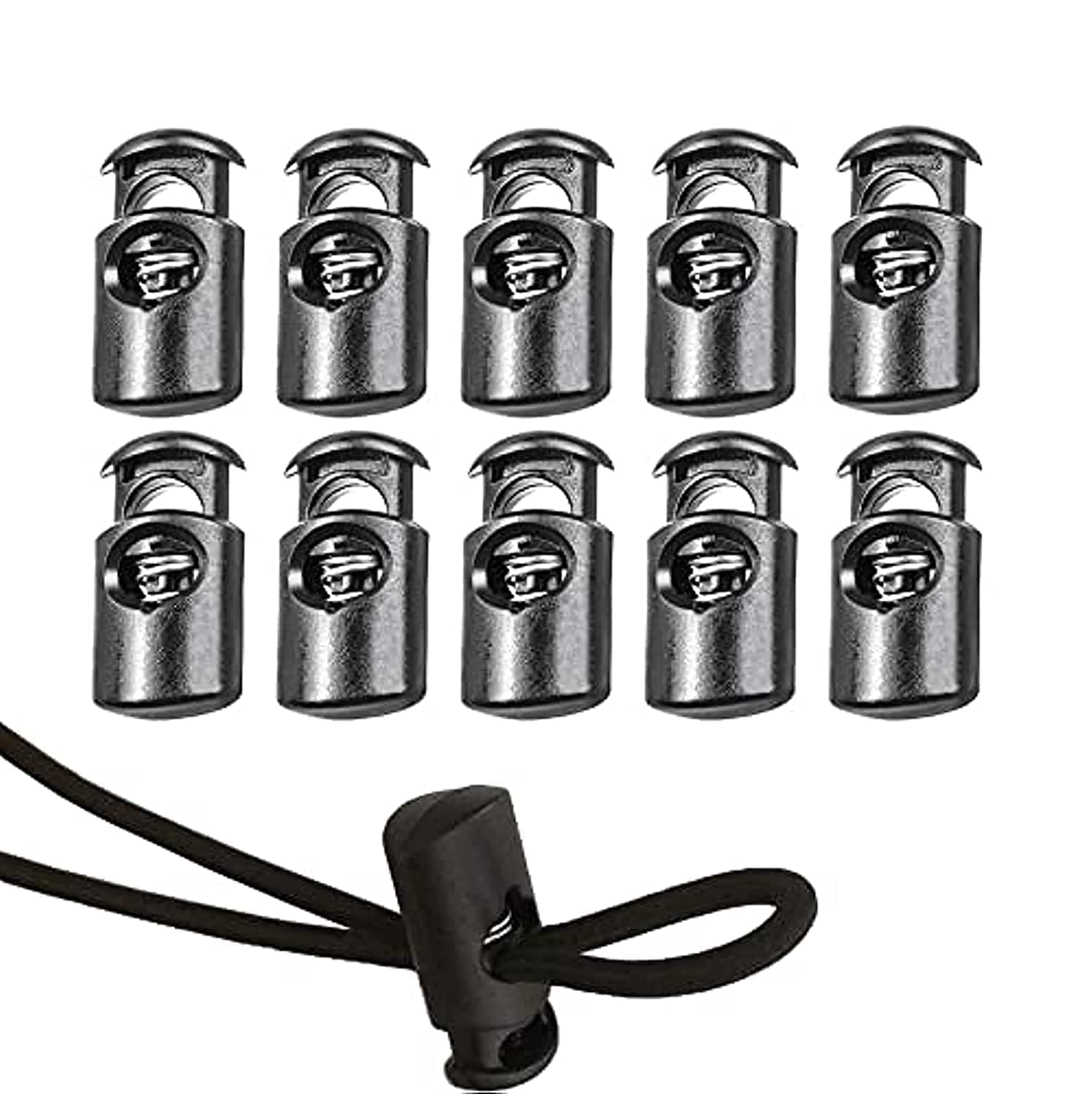 DELFINO Plastic Cord Locks, Cord Locks Upgraded Single Hole Spring Toggle Stopper Cord Stops Fastener Toggles for Shoelaces, Drawstrings, Paracord, Bags, Clothing, and More (10Pcs, Black)