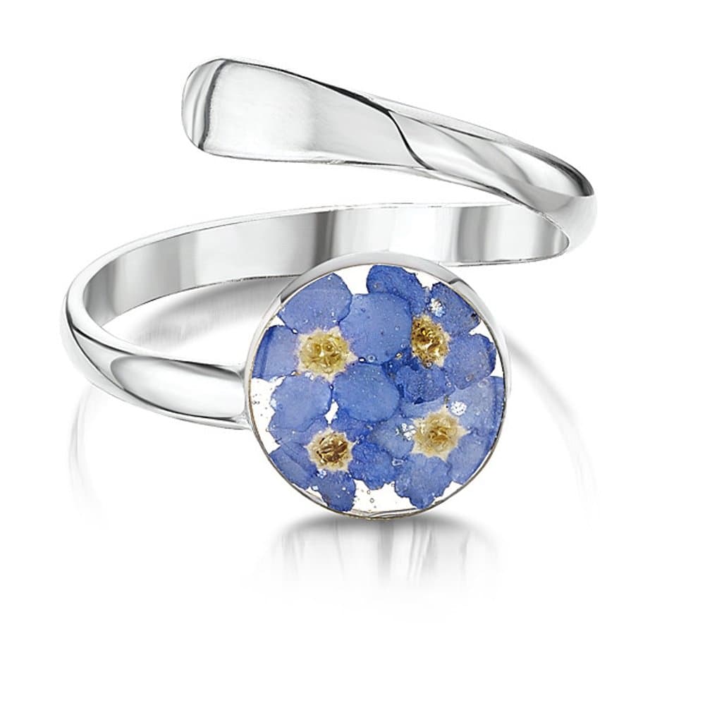 Sterling Silver Real Flower Adjustable Ring - Forget Me Not - Round - Gift Boxed
