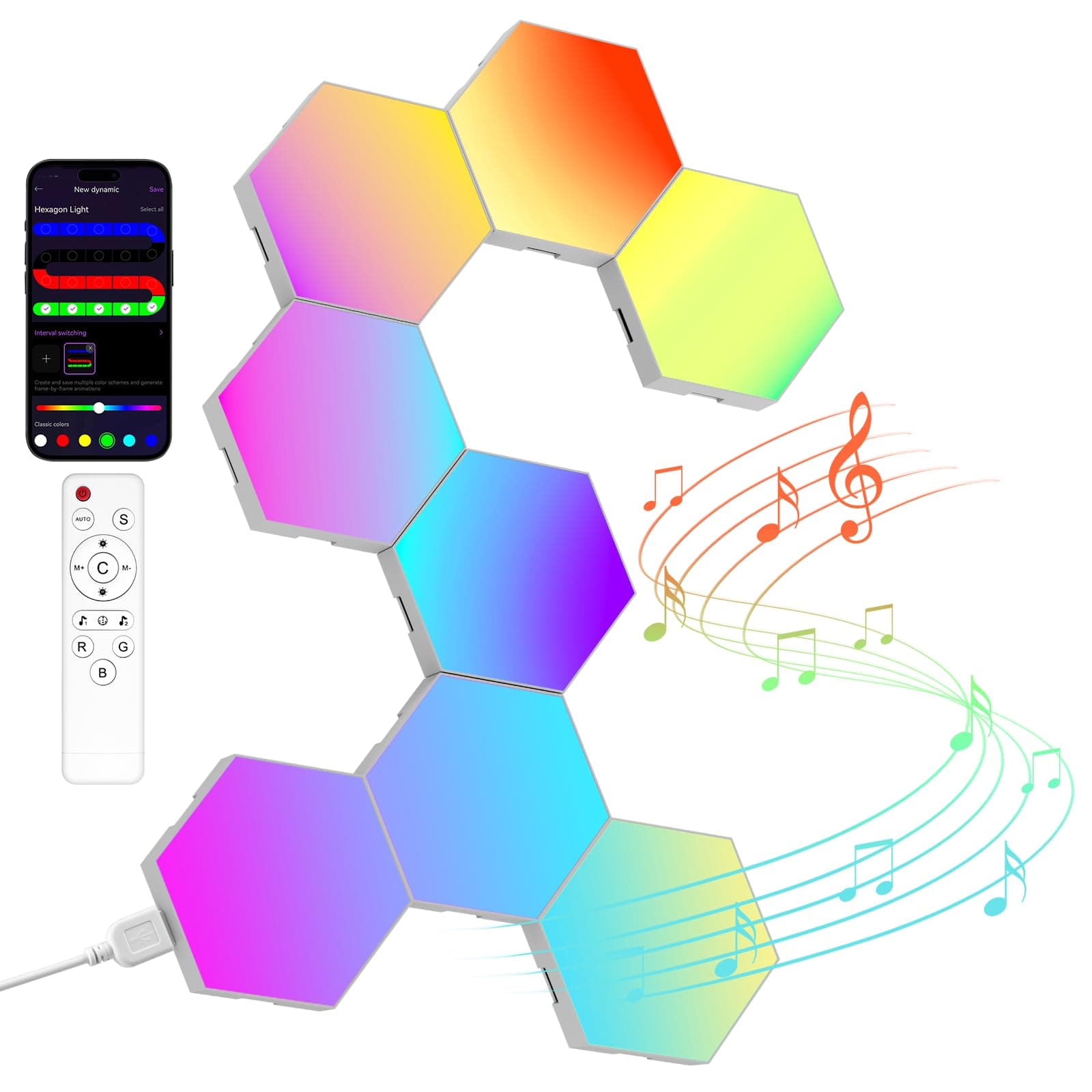Kangtaixin Hexagon LED Lights — 8 Pack Hex Wall Light RGB Gaming Panels Hexagonal Smart Lighting Panel Sync to Music for Room Bar Gaming Setup Bedroom