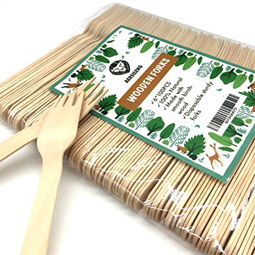 Aersileng Disposable Wooden Forks (100 Pack) Eco-Friendly Biodegradable Compostable Birchwood 6.2 inch