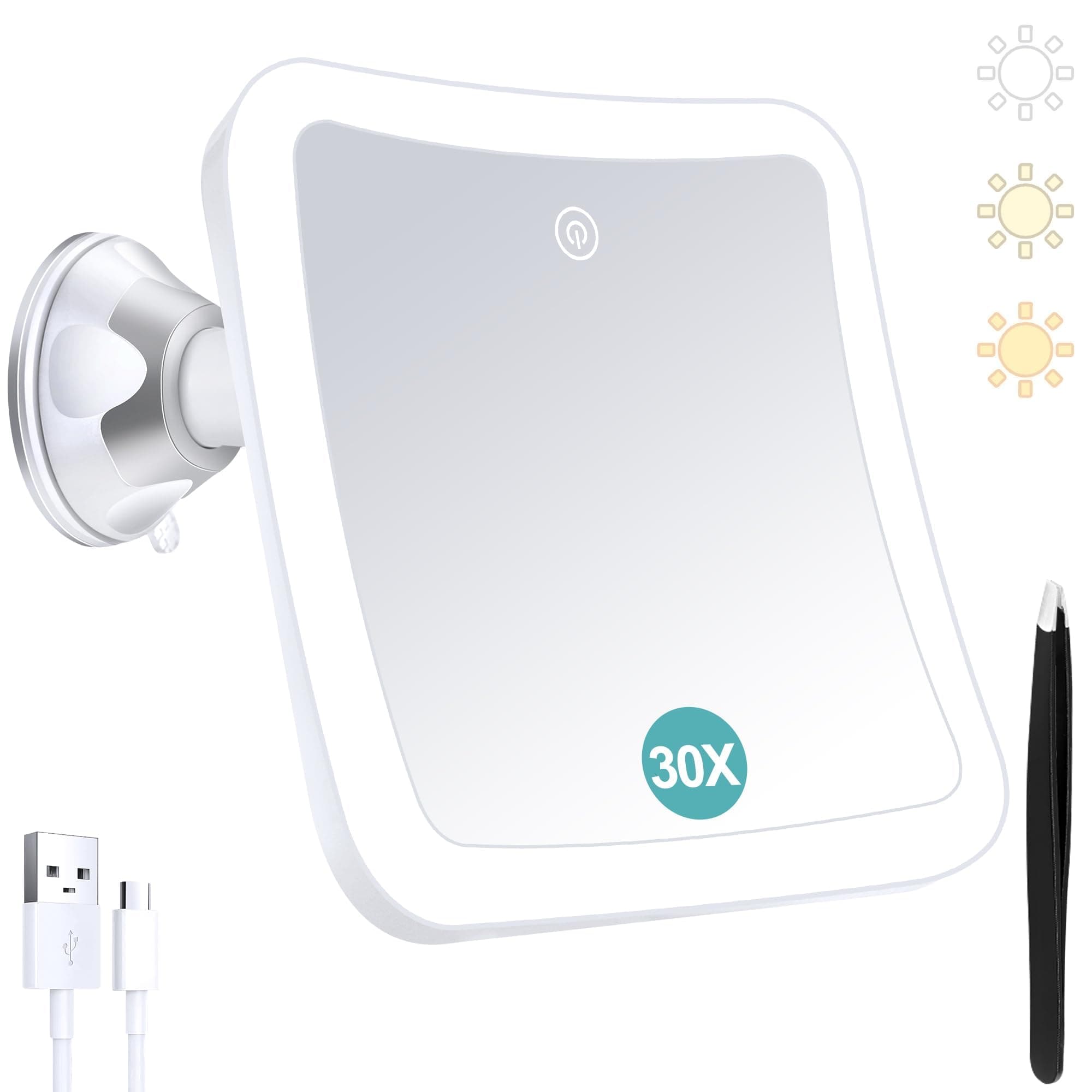 Magnifying Mirror with Light,30x Magnifying Lighted Vanity Mirror with Touch Control and Suction Cup, Rechargeable,3 Colours Lighting,360° Rotation, Bathroom Vanity and Travel Mirror, Square