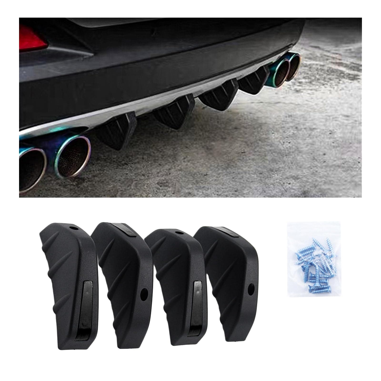 Augeny 4PCS Car Rear Lower Bumper Wing Lip Diffuser, Anti-Crash Auto Shark Fin Spoiler Protector with Mounting Screws, Universal Rear Bumper Lip Diffuser Kit for Car SUV Truck (Black)