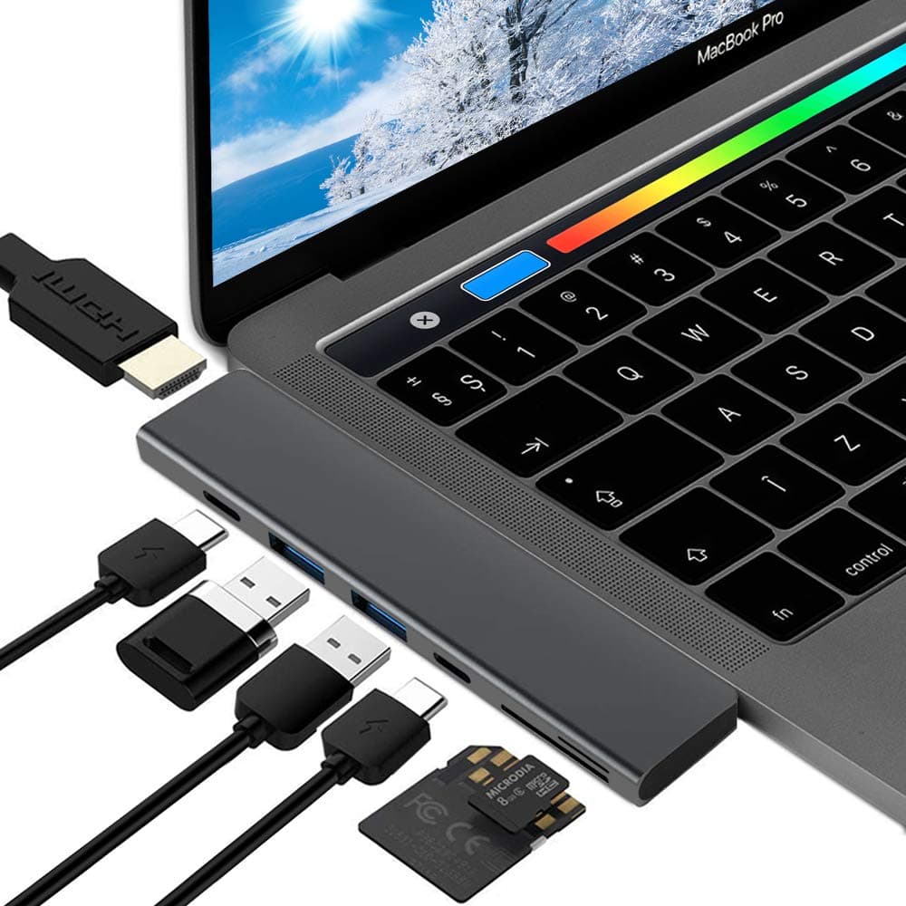 USB Type-C Hub Adapter, Dual USB-C Thunderbolt 3 (40gb/s), 7in1 Multi-Port Dongle for 2016 or Later MacBook Pro, 4K HDMI, microSD/SD Card Reader, 2xUSB 3.0,100W Power Delivery (Space Gray)