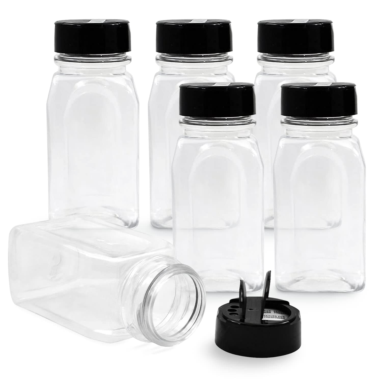 RoyalHouse - 6 PACK - 9.5 Oz with Black Cap - Plastic Spice Jars Bottles Containers � Perfect for Storing Spice, Herbs and Powders � Lined Cap - Safe Plastic � PET - BPA free - Made in the USA�