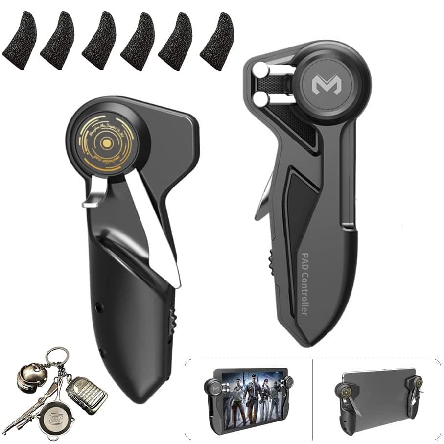 Mikirini Tablet Game Controller Hand Grip for PUBG/Knives Out/Rules of Survival/Fortnite/Call of Duty, Tablet Gaming Triggers for iPad/Andriod Tablets w/ 6pcs Finger Sleeves and PUBG Key Ring