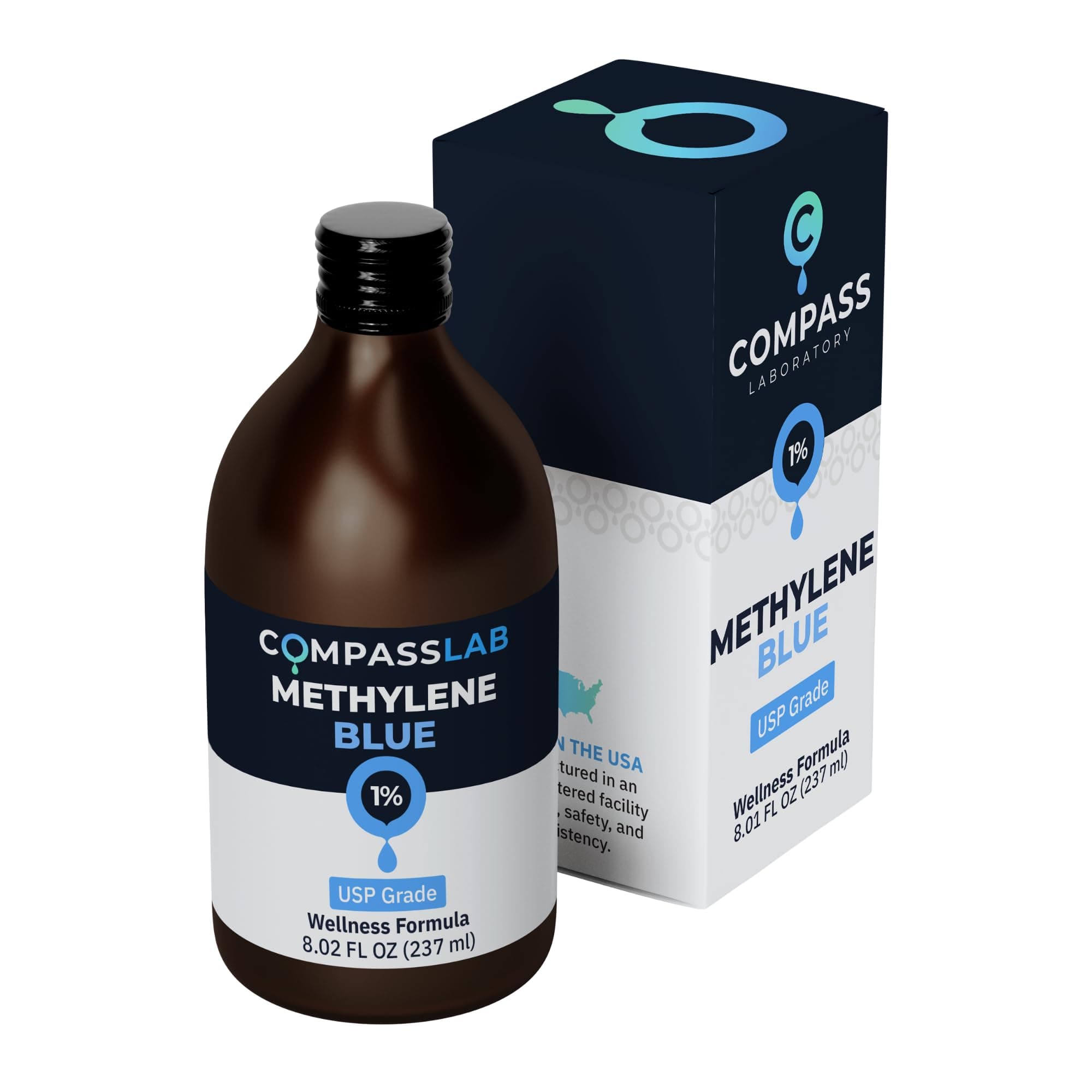 Methylene Blue Pharmaceutical Grade, USP Grade, Third-Party Tested Brain Health Dietary Supplement for Humans, No Formaldehyde, Made in USA (1% 237ml Bottle)
