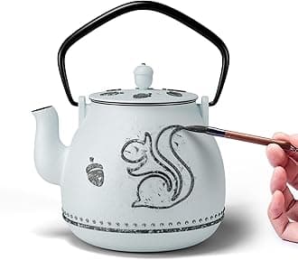 Teapot with Removable Infuser, Cast Iron Tea Kettle Stovetop Safe, Squirrel Design Tea Pot Coated with Enameled Interior for 32 Ounce (950 ml), Light Blue
