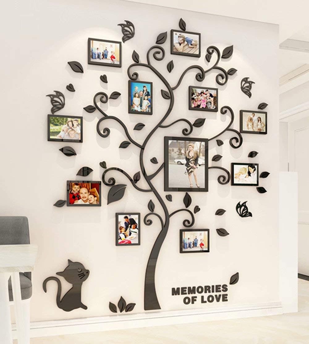 3D Tree Wall Stickers - Family Tree Wall Decor Black Trunk Picture Frame DIY Photo Frame Decals Family Frames Living Room (Black, Medium)