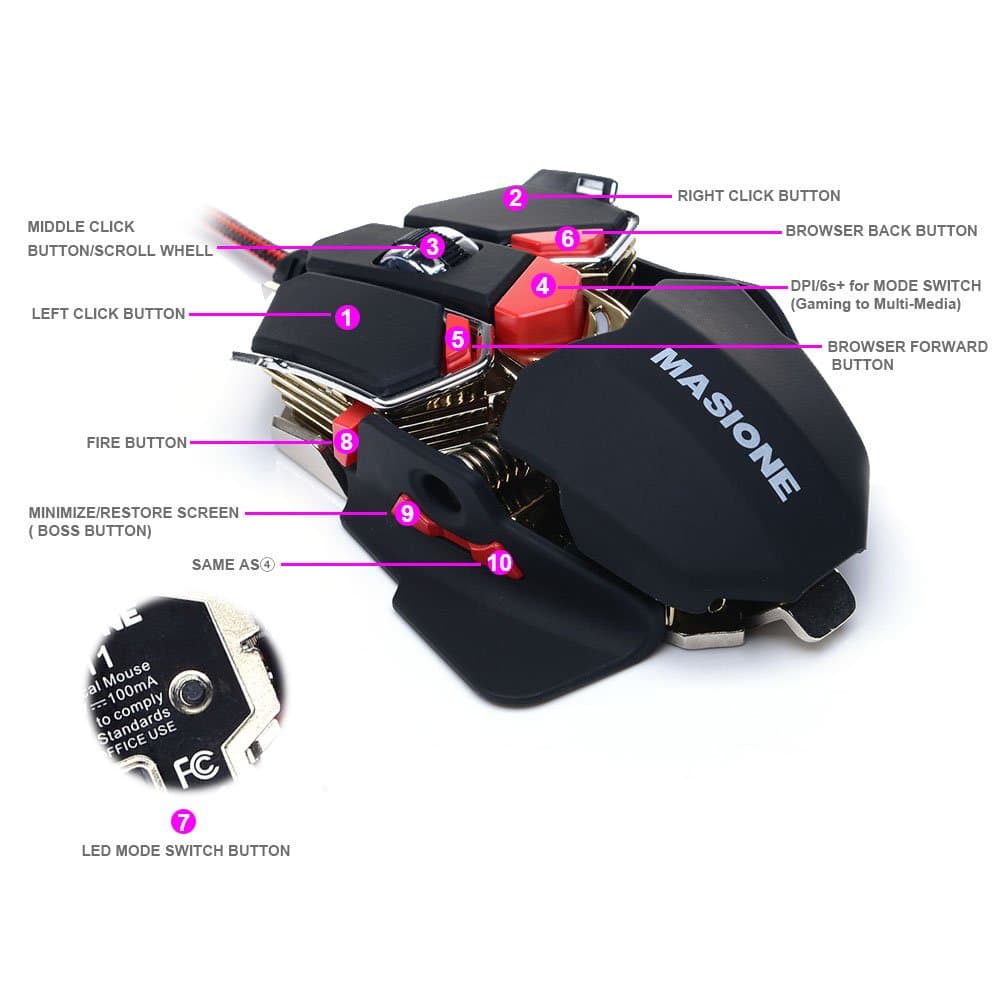 Gaming Mouse, Masione Mouse, Gaming mice, Computer Mice with Breathing LED Light, 4 Adjustable DPI Levels, 1200/1600/2400/4800 DPI, 10 Buttons for PC, MacBook, Laptop, Computer, Black&Red, X11