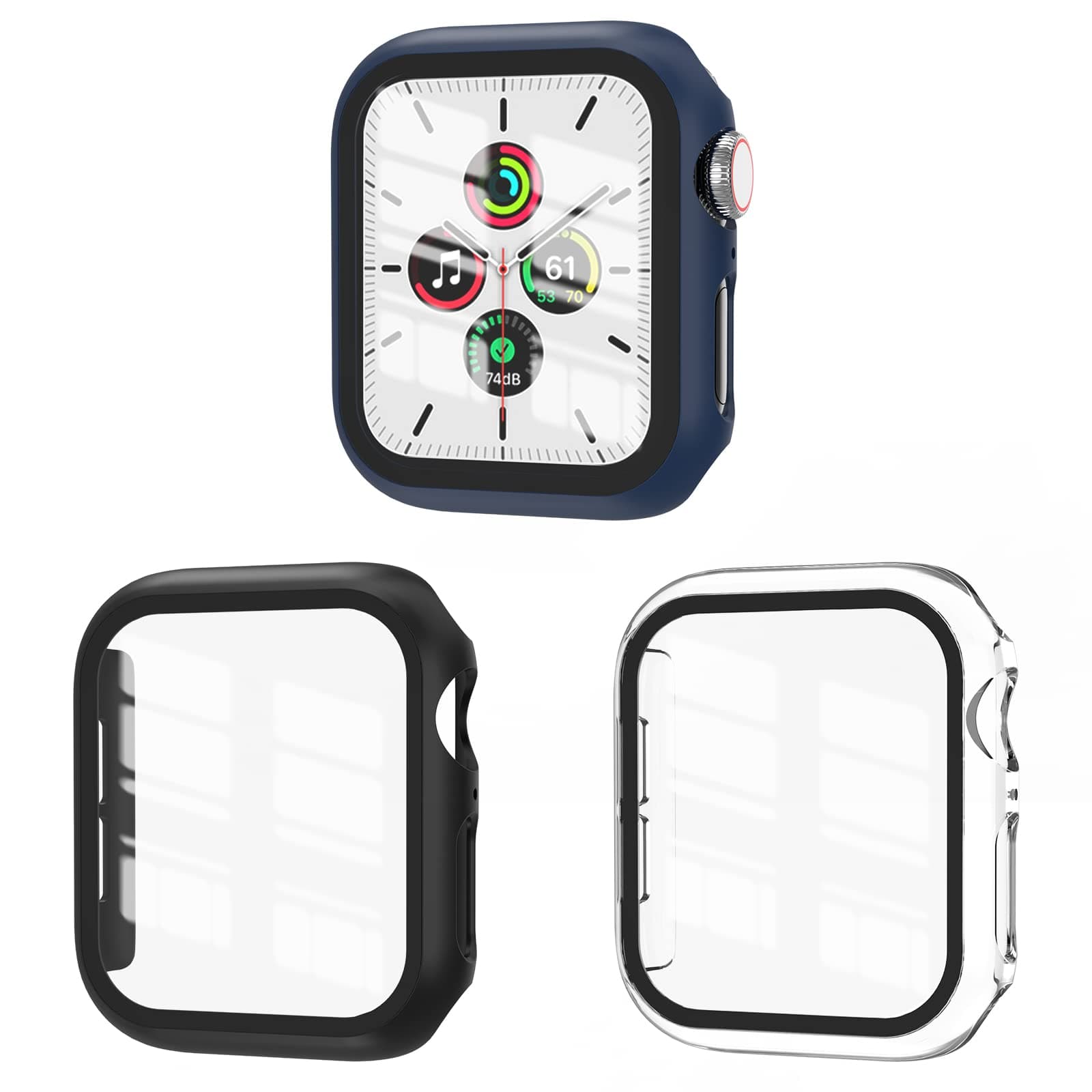 EWUONU 3 Pack Case Compatible with Apple Watch SE 3 Series 6/5/4 44mm with Tempered Glass Screen Protector, Hard PC Full Coverage Ultra-Thin HD Bumper Protective Cover for iWatch 44mm,Black/Blue/Clear