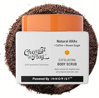 Chemist At Play Exfoliating Body Scrub for Removing Tan & Dead Cells | Rough & Bumpy Texture, Tanned & Pigmented Areas | Smooth, Soft & Bright Care | Natural AHAs | Coffee | For Men & Women | 75g