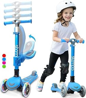 Stompa Kick Scooter for Kids 2-in-1 Light Up 3 Wheel Scooters with 4 Levels Adjustable Handlebar, Foldable Seat, Widen No-Slip Deck for Girls & Boys Ages 3-8 Years Old