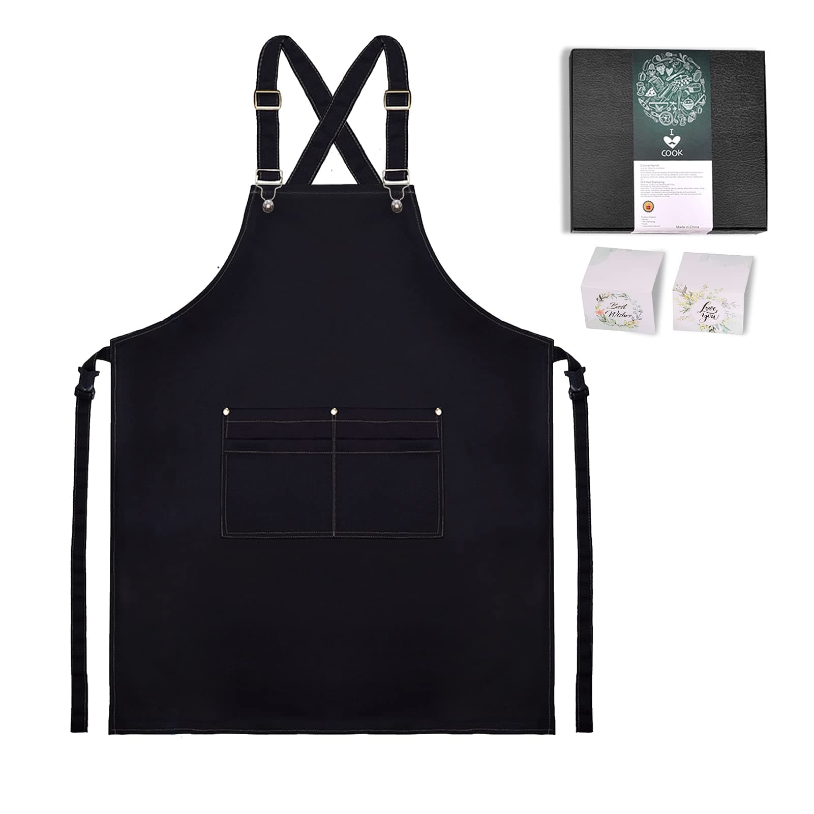 Canvas Apron DIY Hot Stamping - Adjustable DIY Hot Stamping Patterns Black Cooking Aprons with 4 Pockets Kitchen Gift Creative Women Men Aprons for Home Garden Shop BBQ Coffee House (Black, 1)