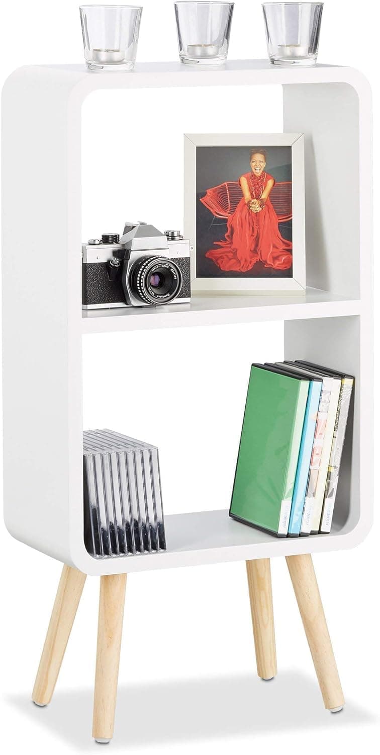 Wooden Foldable Bookcase Bedside Table - Elegant Home Decor Bookshelf with 2-Tiers and 4 Wooden Legs for Living Room Bedroom or Offices (White)