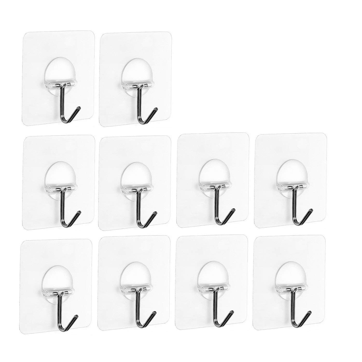 JOEONE Sticky Wall Hooks (Max: 15LB) - Powerful No Scratch Nail Free Transparent Reusable Wall Hooks for Towel Bathrobe Hats Clothes, Kitchen and Bathroom - Waterproof and Oilproof (10 Pack)