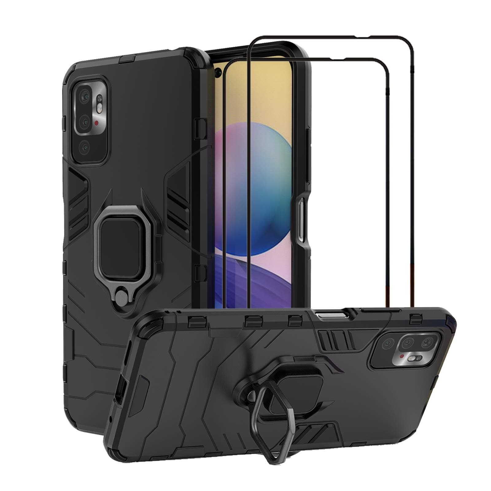 Compatible for Xiaomi Redmi Note 10 5G / Xiaomi Poco M3 Pro 5G Kickstand Case with Tempered Glass Screen Protector [2 Pieces], Hybrid Heavy Duty Armor Dual Layer Anti-Scratch Case Cover, Black