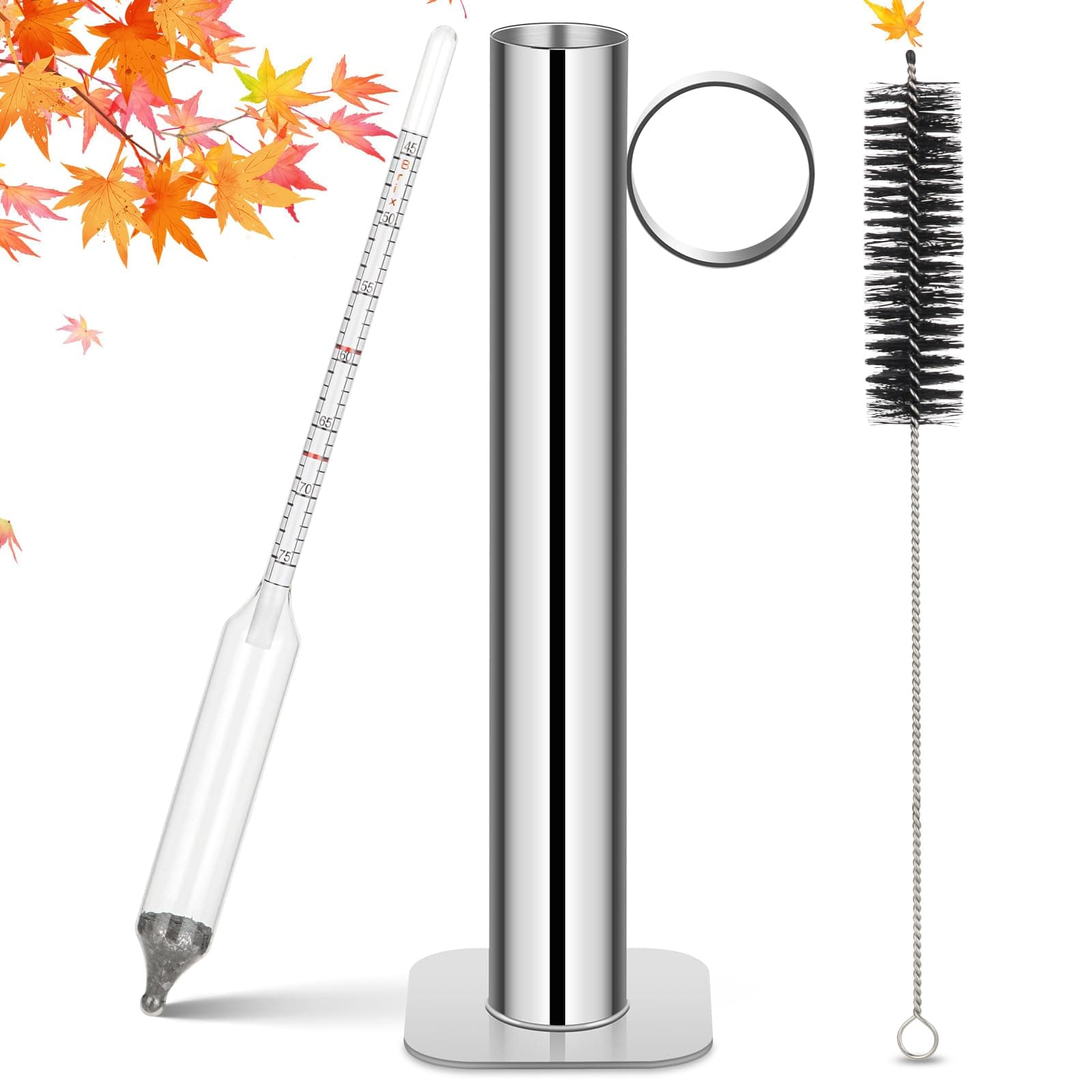 Maple Syrup Hydrometer Test Cup Kit, High Accuracy Hydrometer Maple Syrup Density Kit, Baume and Brix Scale Easy to Read, Stainless Steel Test Cup with Cleaning Brush