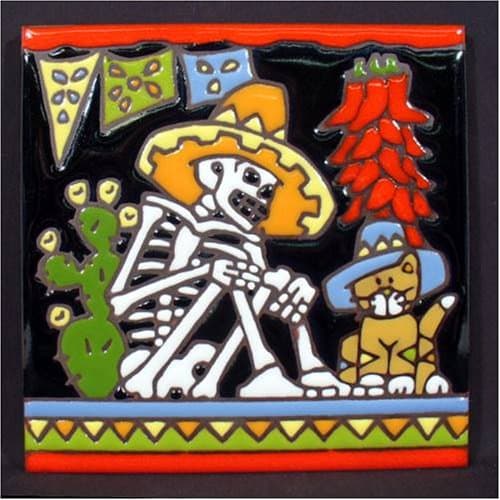 6" x 6" Ceramic Designer Tile Sombrero Sleeping Man Day of Dead Dias De Los Muertos Address House Number Trivet Wall Hanging Backsplash