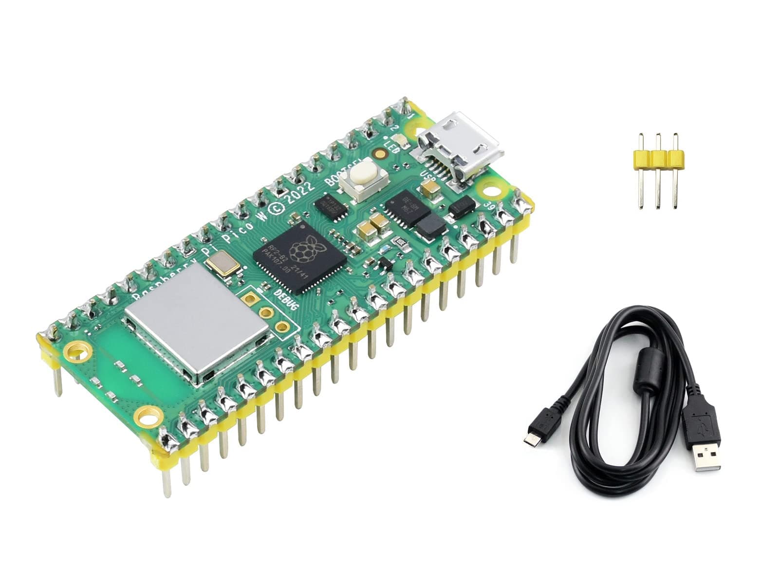 Built-in WiFi Raspberry Pi Pico W Microcontroller Board with Pre-soldered Header, Based on Official RP2040 Dual-core Processor, Dual-Core Arm Cortex M0+ Processor, with USB Cable