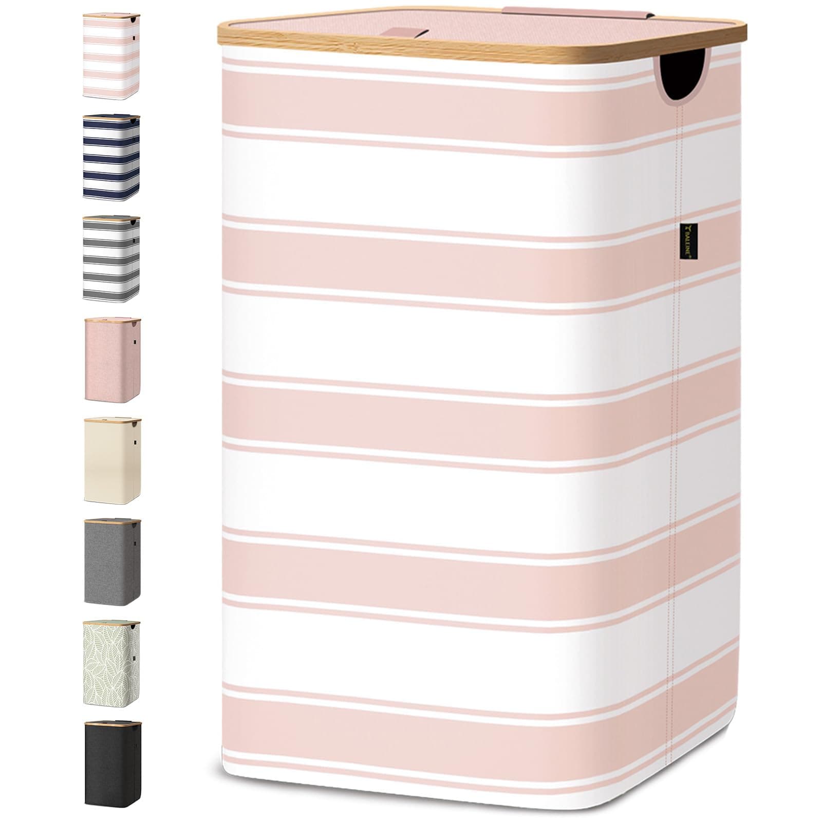 BALEINE Laundry Hamper with Lid, Tall Laundry Baskets with Bamboo Pull Handles, Large Laundry Bin with Internal Support (26 Gal/100L, Pink Stripe)