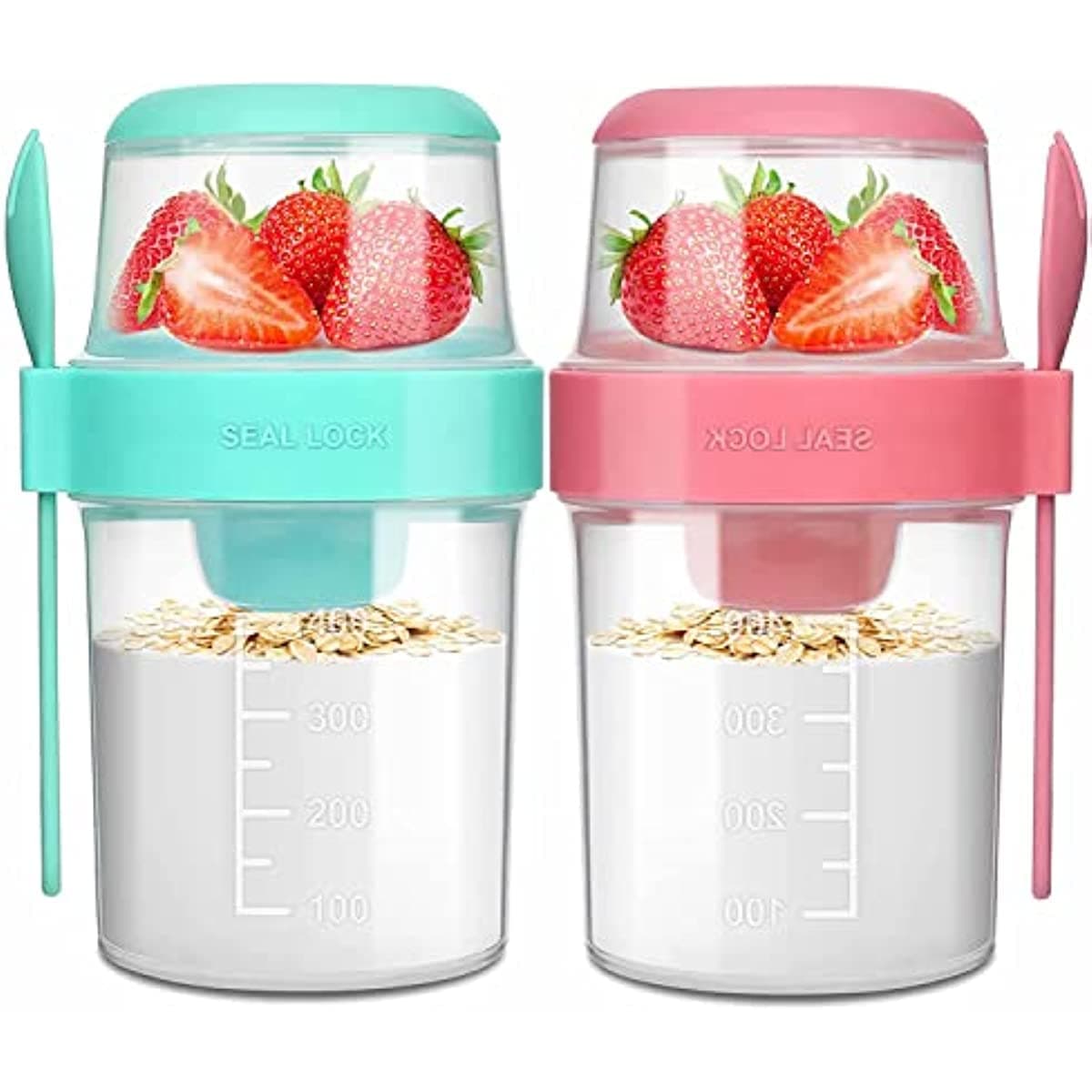 Overnight Oats Container 560ml 2 Pack, 2- Tier with Lid and Spoon, Yogurt Oatmeal Container On The Go, Oats Jars with Lid, Crunch Cup Portable Cereal and Milk to Go Container