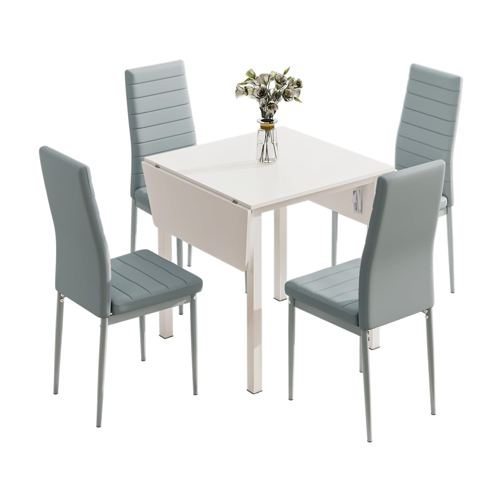 Dining Table and Set of 4 Chairs, Drop Leaf Kitchen Table With Grey PU Leather High Back Chair