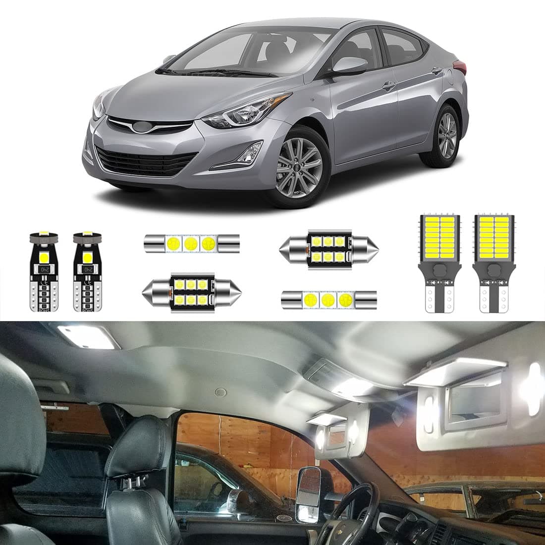 8PCS Super Bright White Interior LED Light Kit Package for Hyundai Elantra 2011 2012 2013 2014 2015 2016 + License Plate Lights and Install Tool