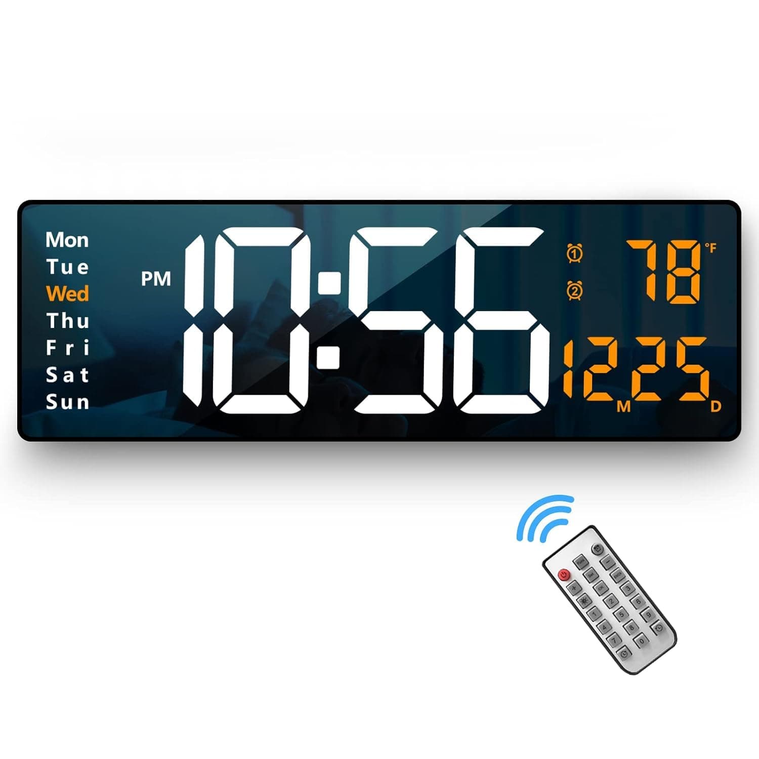 SEVENSPACE Round Plastic Digital Wall Clock with Remote Control & Alarm for Home Décor Office 12/24 Hours Temperature Humidity Date Week Silent Electronic Digital Wall Clock (Rectangular)