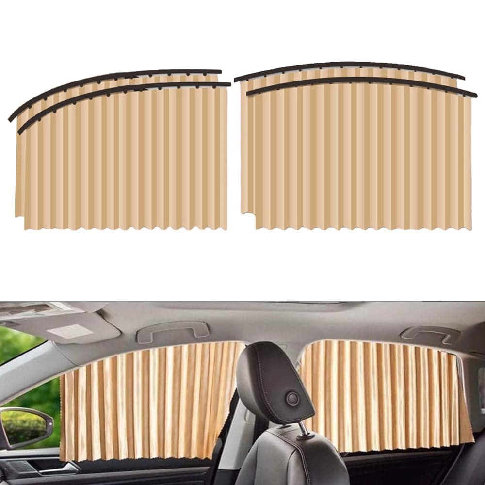 QIMIT Polyester Universal Fit Magnetic Removable Side Window Privacy Sunshade, Car Window Curtains, Magnet Pleated Curtains (4PCS) (Golden)
