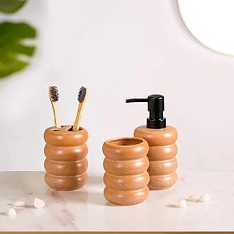 Nestasia Ceramic Bathroom Accessories Set of 3, 1 Soap Dispenser, 1 Segmented Toothbrush Holder & 1 Tumbler, Abstract Stacked Tier-Like Ripple Design, Brown