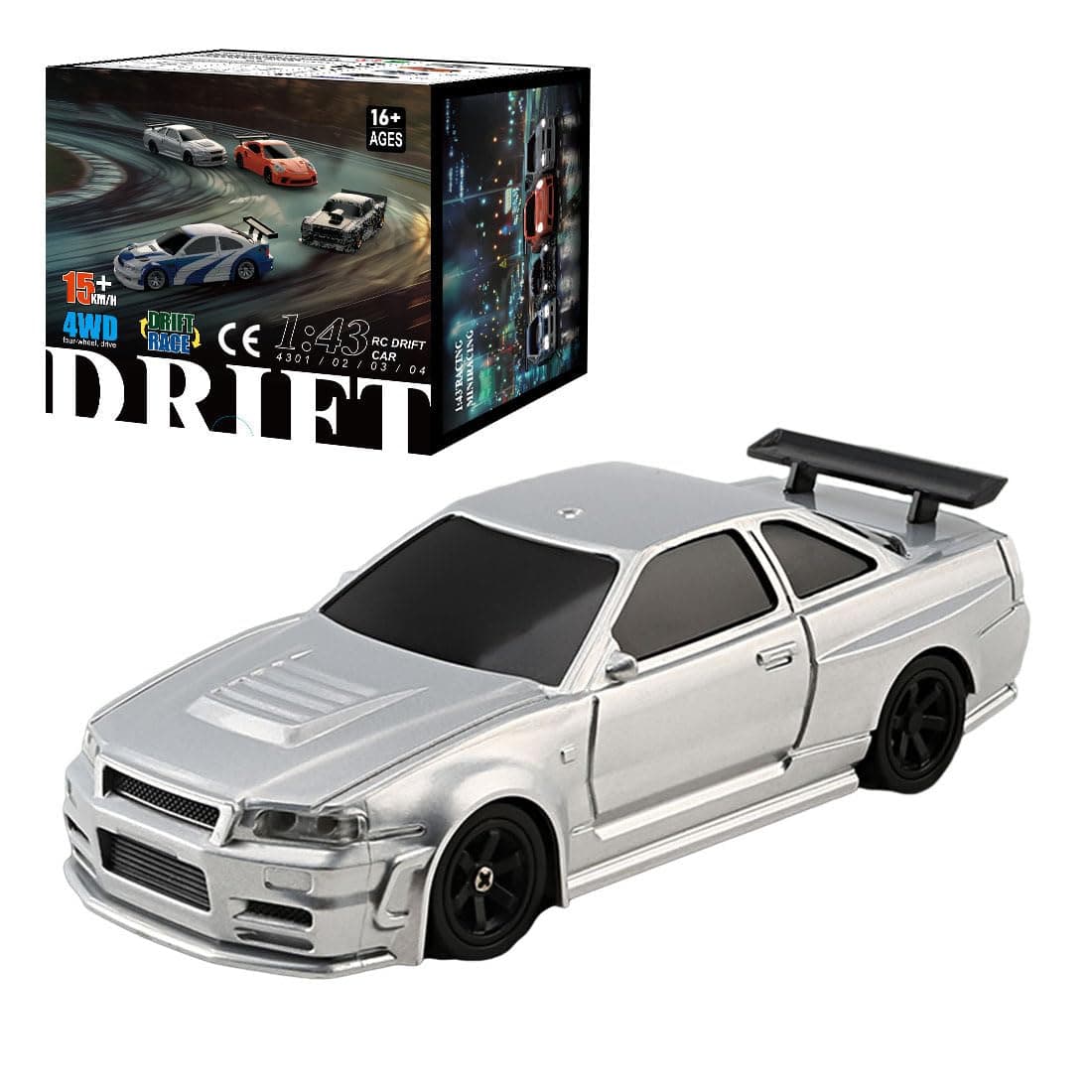 RC Electric Mini Racing Drift Car Model 1:43 Scale 2.4G Full Scale Linkage Light Set Max Speed 15km/h Indoor Mini RC Toys Hobbyist Gift Black White (RTR Version/Silver)