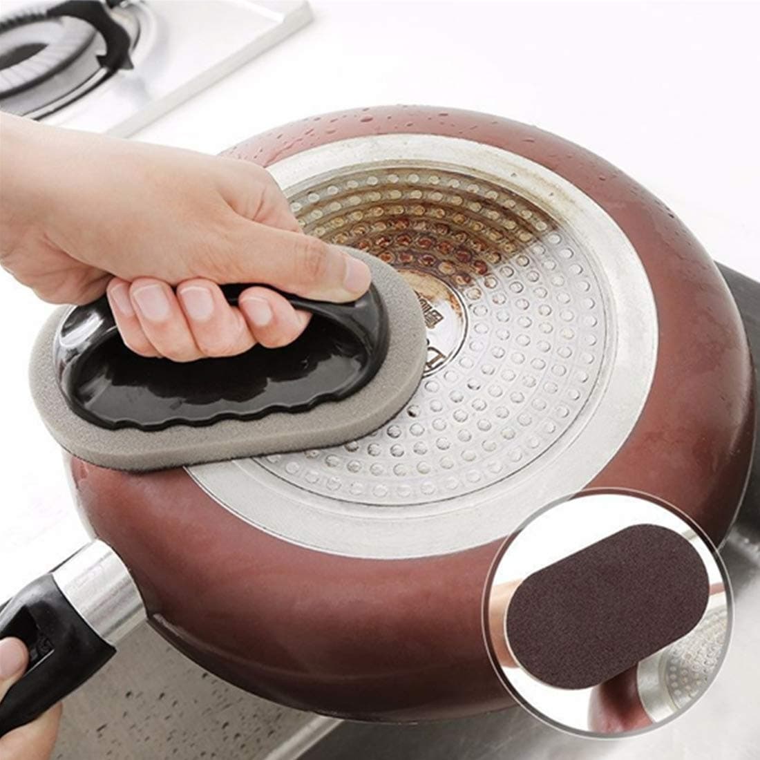 1 Pcs Emery Sponge Brush Eraser Cleaner Rust Cleaning Tool Kitchen Tool Sink Pot Bowl Scrubber Handle Grip (Brown)