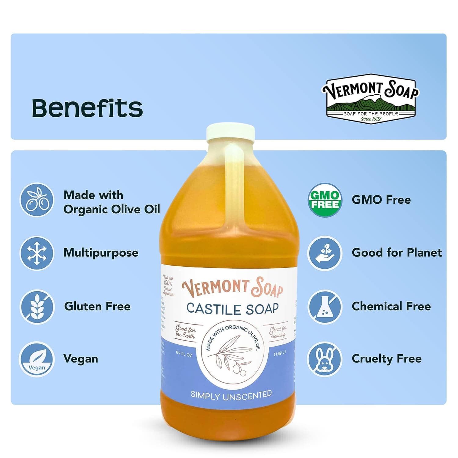 Vermont Soap Liquid Castile Soap (Unscented, 64oz)