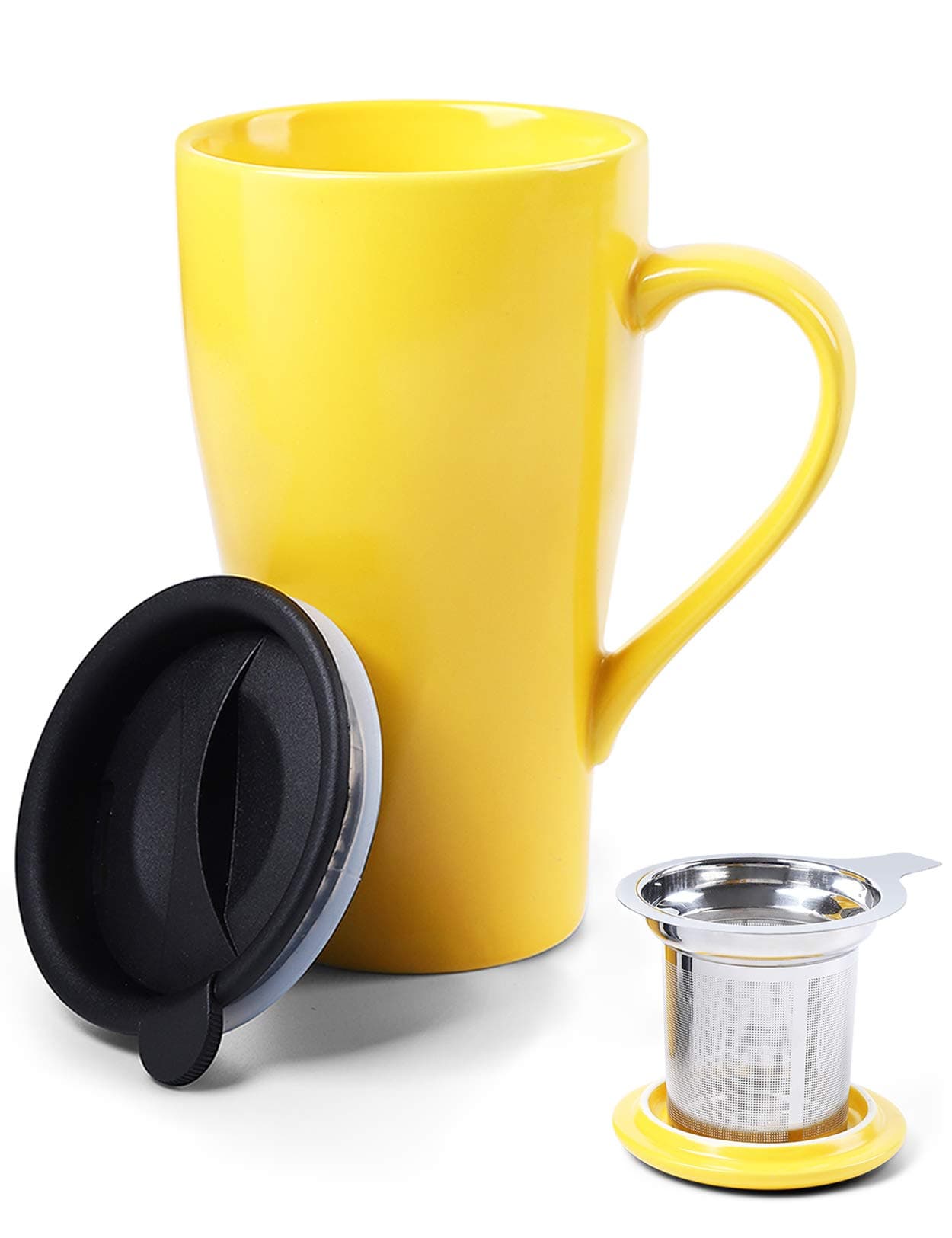 Tea Mug with Infuser and 2 Lids, 18oz Large Tea Infuser Cup, Tea Strainer Mug for Loose Leaf, Ceramic Travel Mug with Teabag Holder (Yellow)