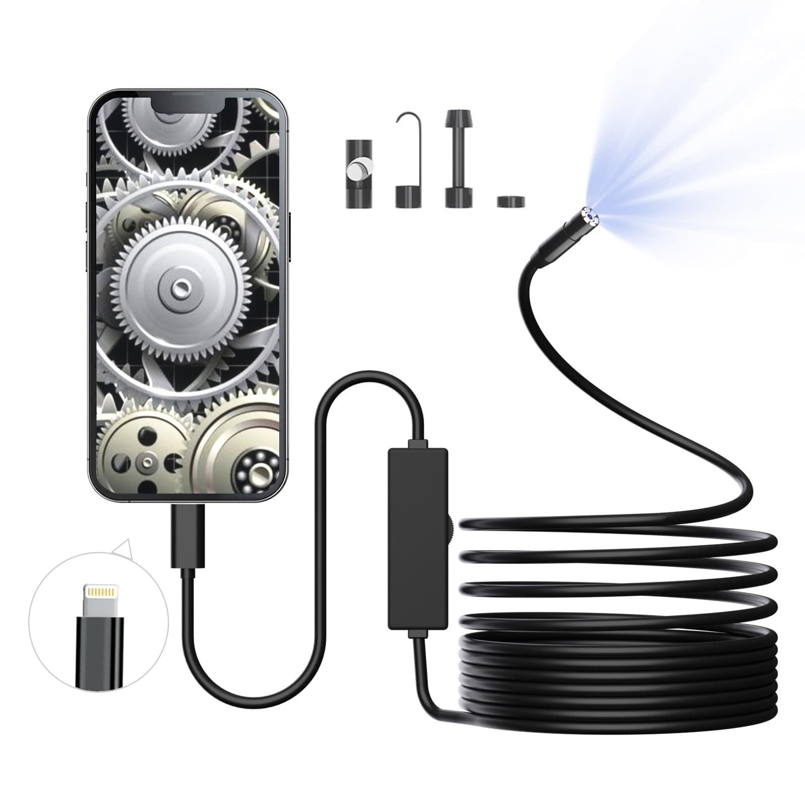 Endoscope Camera with Light, 1920P HD Borescope with 8 Adjustable LED Lights, with iOS System,not for 15+