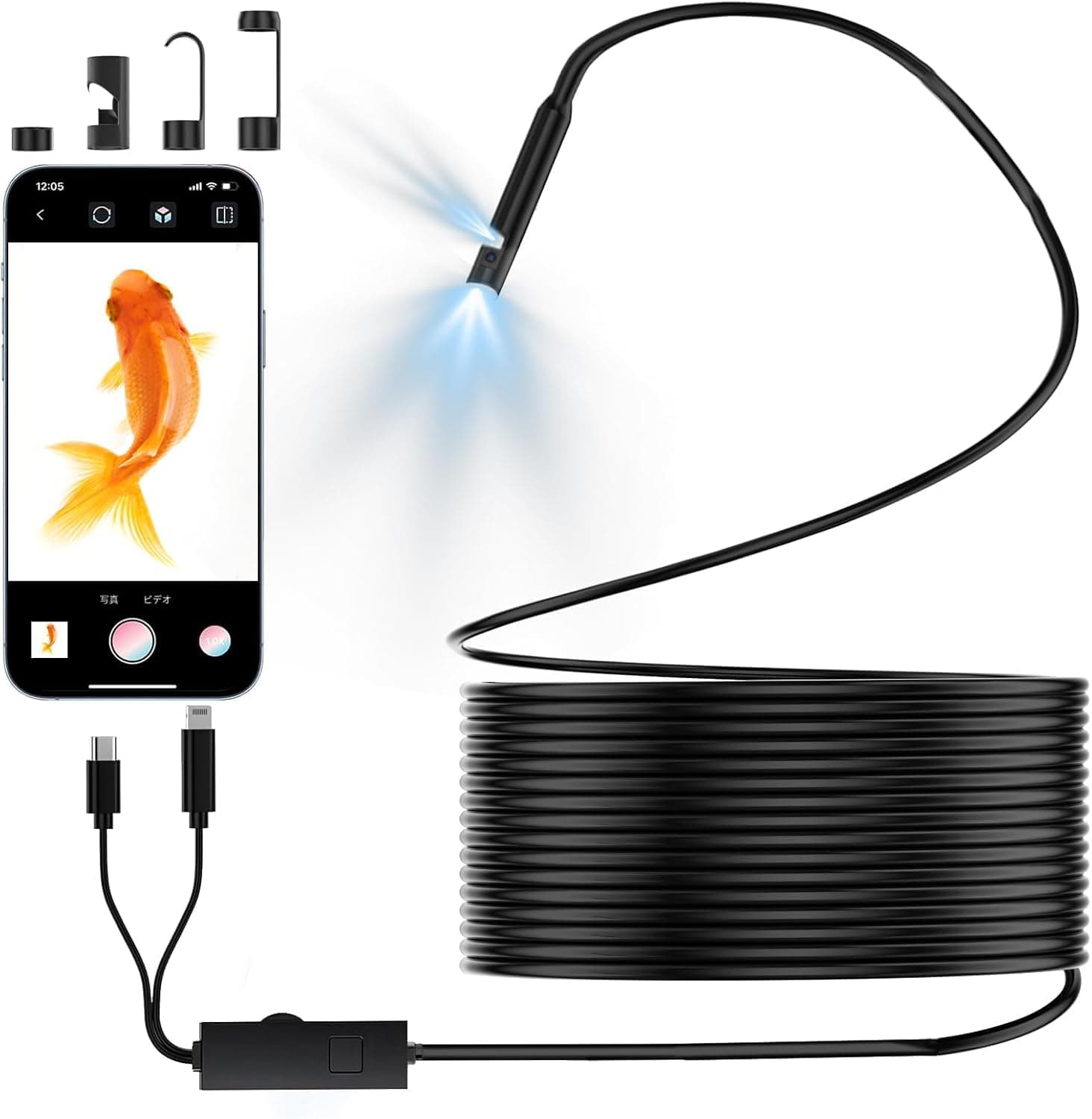 Endoscope With Light, 1920P HD Drain Inspection Camera, 8 Adjustable LED Lights, 16.4ft Semi-Rigid Snake Borescope for iOS and Android