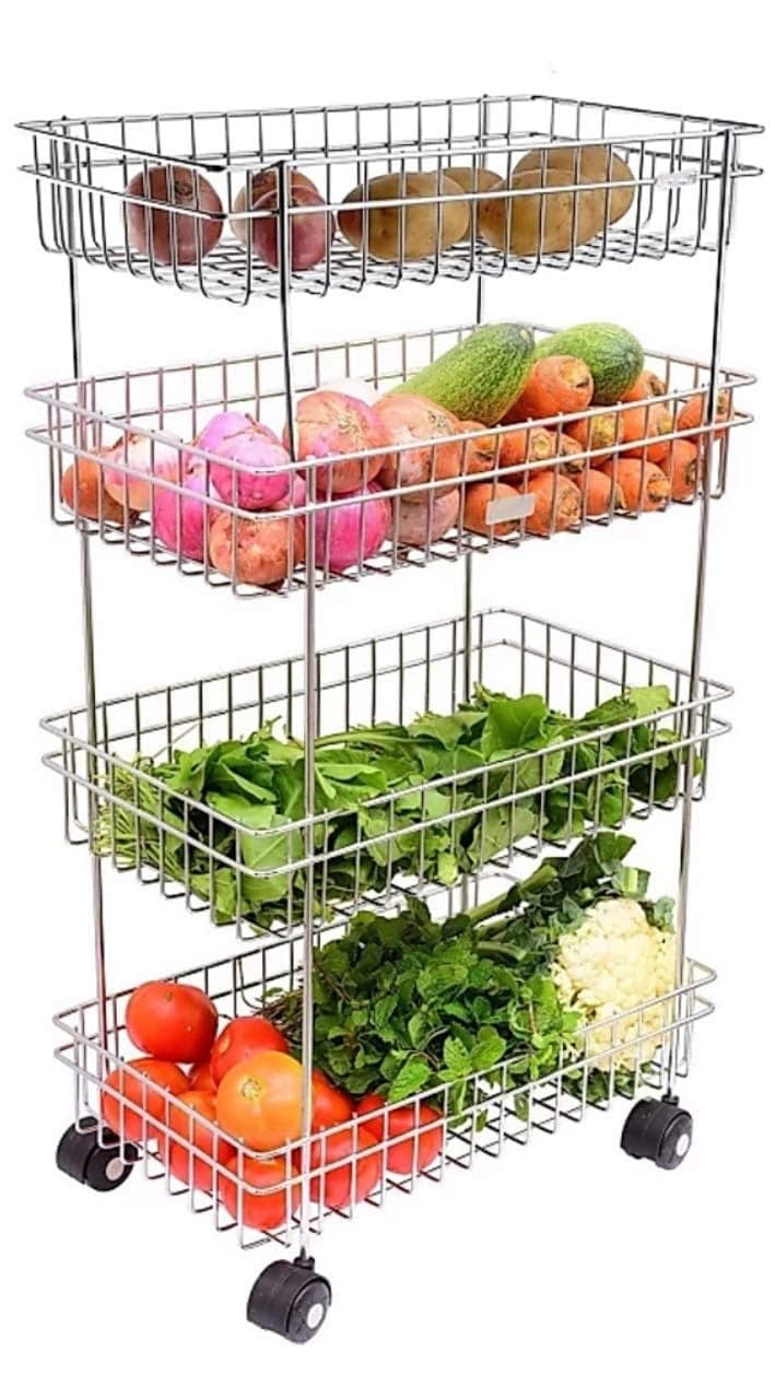 Stainless Steel Modern Kitchen Storage Rack Folding 4 Layer Trolley Spice Fruits Vegetable Onion Potato Organizer Stand Trolley with Wheel