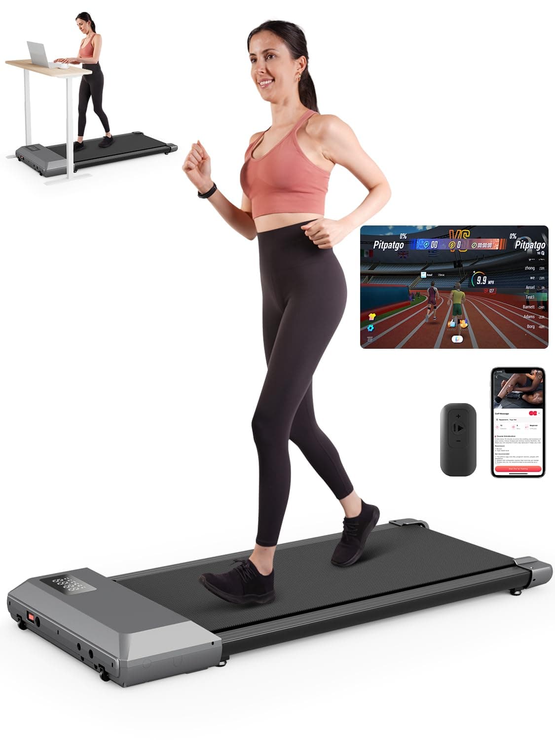DeerRun Walking Pad Treadmill, Walking Pad Under Desk, Under Desk Treadmills for Home Office, Quiet Portable Walking Treadmill, 2.5 HP, APP/Remote Control, LED Display, Installation-Free