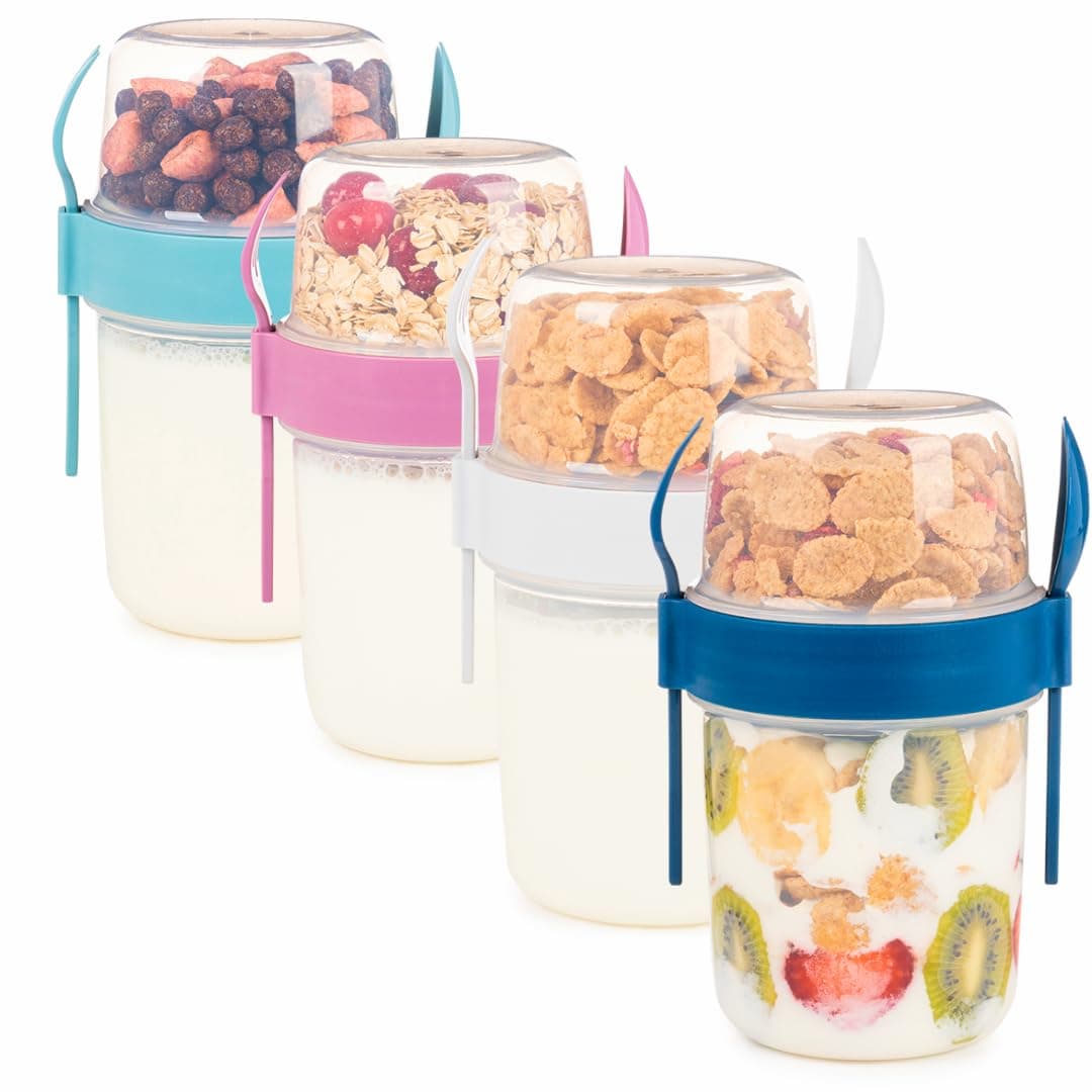 4 Pack Breakfast 22 oz On The Go Cups with Lids and Spoon, Reusable Cereal Yogurt Cup with Topping Plastic Overnight Oats Container for Granola Oatmeal (22 oz - 4 Pack)