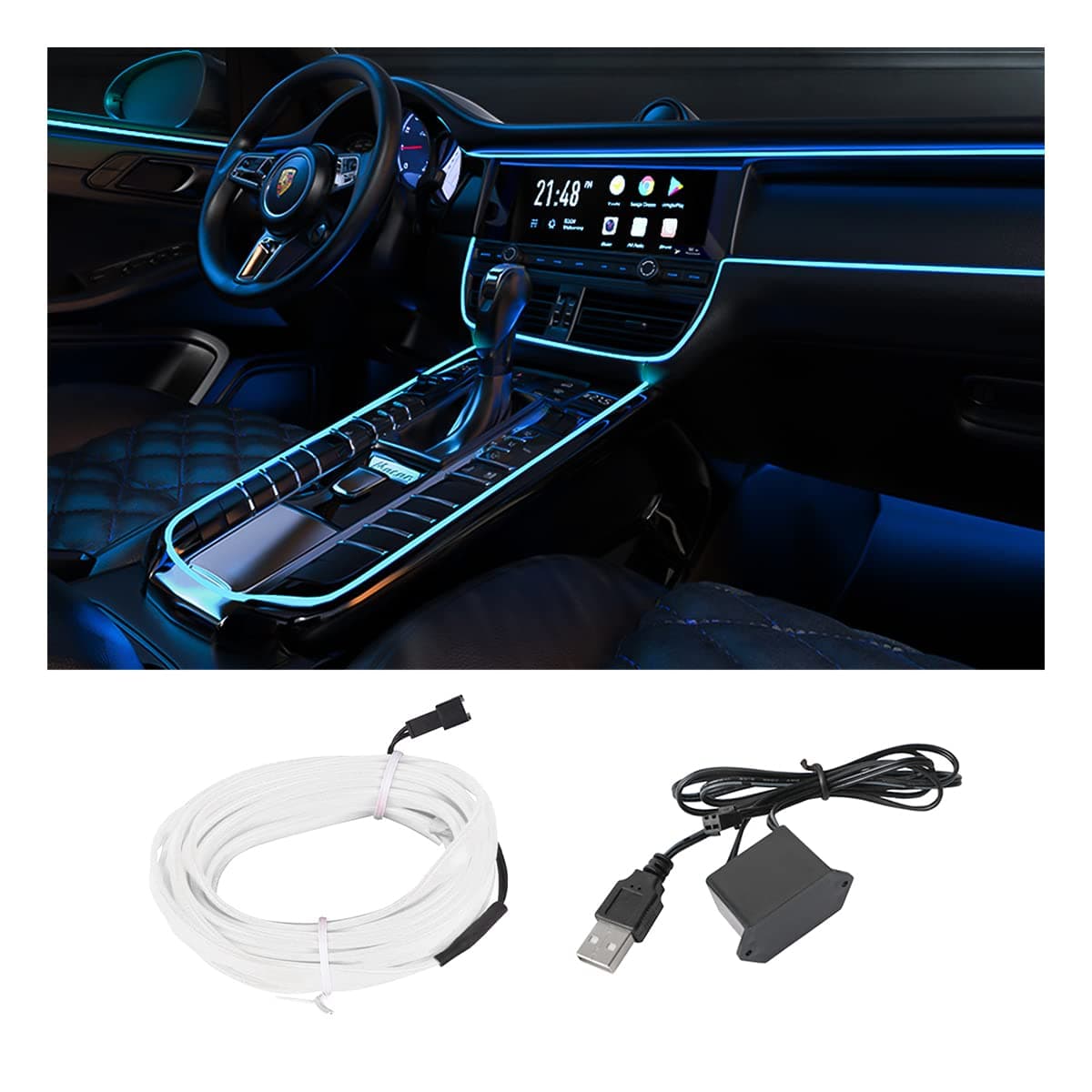 EL Wire Interior Car LED Strip Lights, USB Auto Neon Light Strip with Sewing Edge, 16FT Electroluminescent Car Ambient Lighting Kits with Fuse Protection, Car Decoration Accessories (Ice Blue)