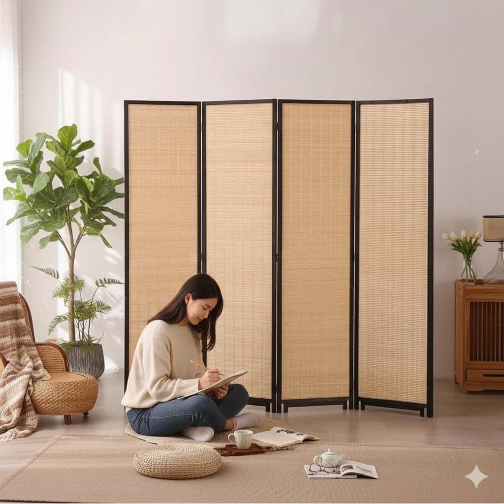 4-Panel Room Divider Folding Privacy Screen | Rattan Partition Wall for Bedroom Living Room Office | Portable Freestanding Divider Screen for Home & Studio|Beige - 3