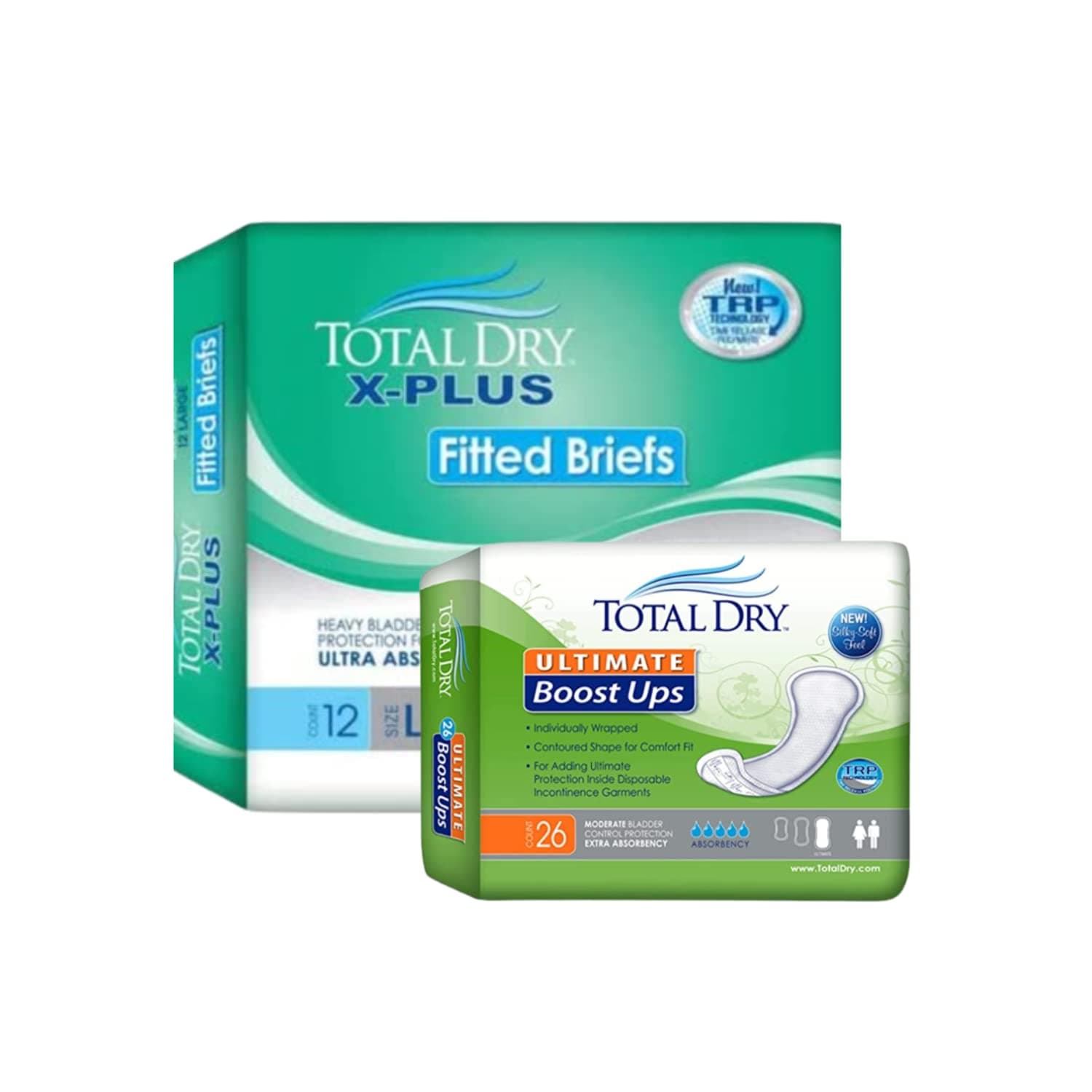 TotalDry Incontinence Night Bundle - Ultimate Boost Ups & X-Plus Fitted Briefs Adult Diapers (X Large, 12 Count)