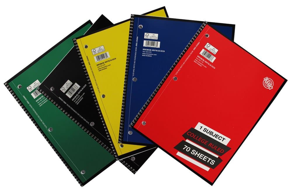 1 Subject College Ruled Spiral Notebook Solid Colors Perforated Edge 70 Sheet Pack of 5