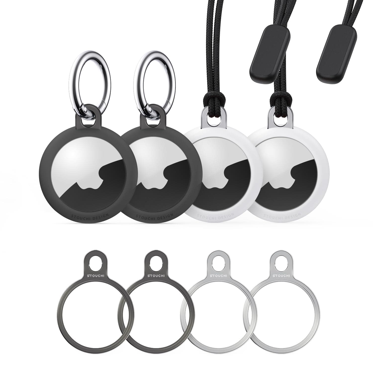 Stouchi4 Pack TPU Air-tag Case with 4 Pack Stainless Steel Air-tags Keyring, Air Tag Loop Secure Holder Protective Cover Scratch-Resistant Minimalist Design Compatible with 2021 New Air-Tags
