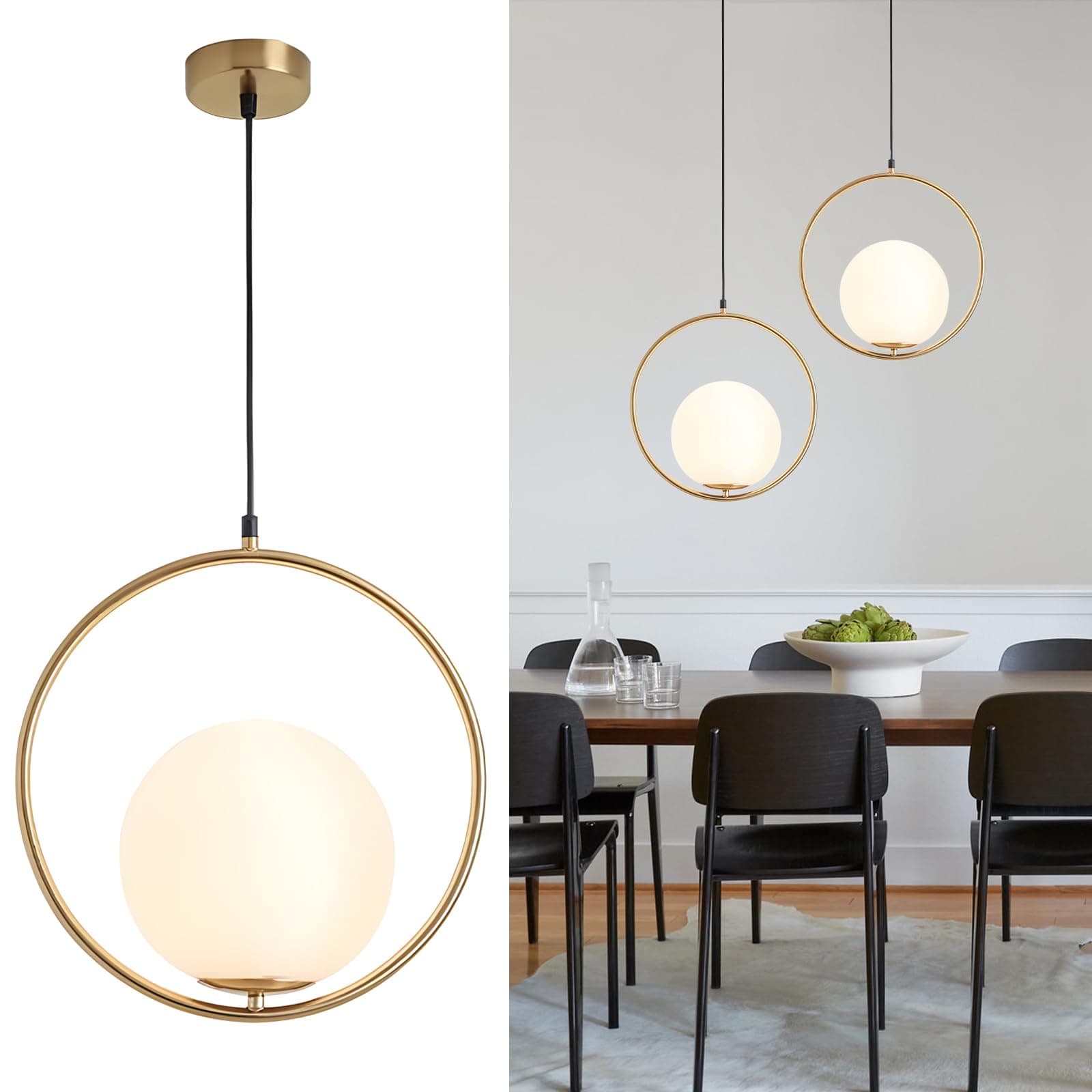 KCO Modern Gold Globe Pendant Light 1-Light Single White Glass Kitchen Island Pendant Lighting Fixture Mid Century Adjustable Chandelier for Living Room Dining Room (9.8”-Small)