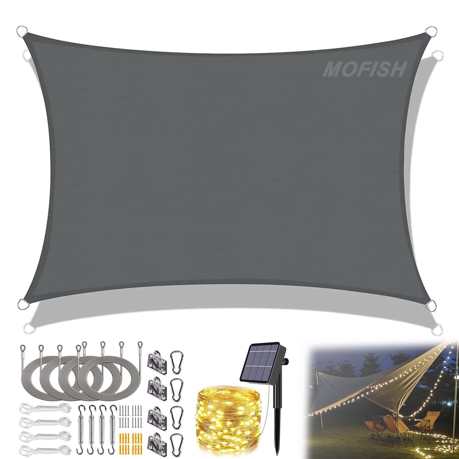 Mofish Rectangle Sun Shade Sail Canopy, with Led Solar Lamp String,95% UV Blockage Waterproof, Patio Shade Cloth Outdoor Cover - for Patio, Garden, Pergola, Backyard, Outdoor (Grey, 6x8m)