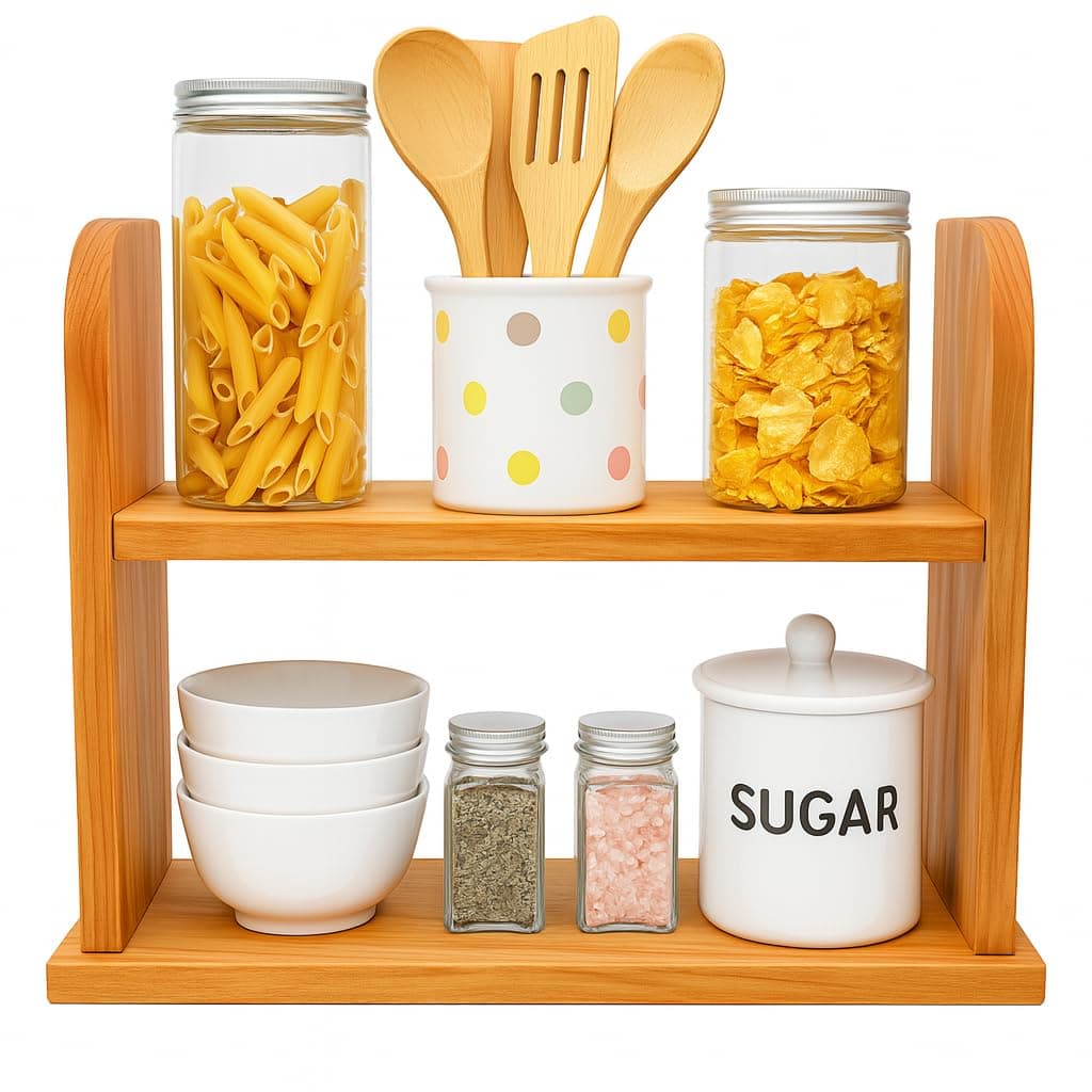 AB SALES 2-Tier Spice Standing Storage Organizer Engineered Wood Shelf for Kitchen Counter Top, Wooden Rack Organizer Stand (40x30x14cm, Reddish Orange, Floating Shelves) Tabletop