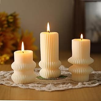 MTLEE 3 Pcs 4.7, 4.2, 3.2 in Height, Small Ribbed Pillar Candles Scented Aesthetic Modern Decorative Soy Wax Candles for Wedding Dinner Christmas Home Decor(Ivory White)