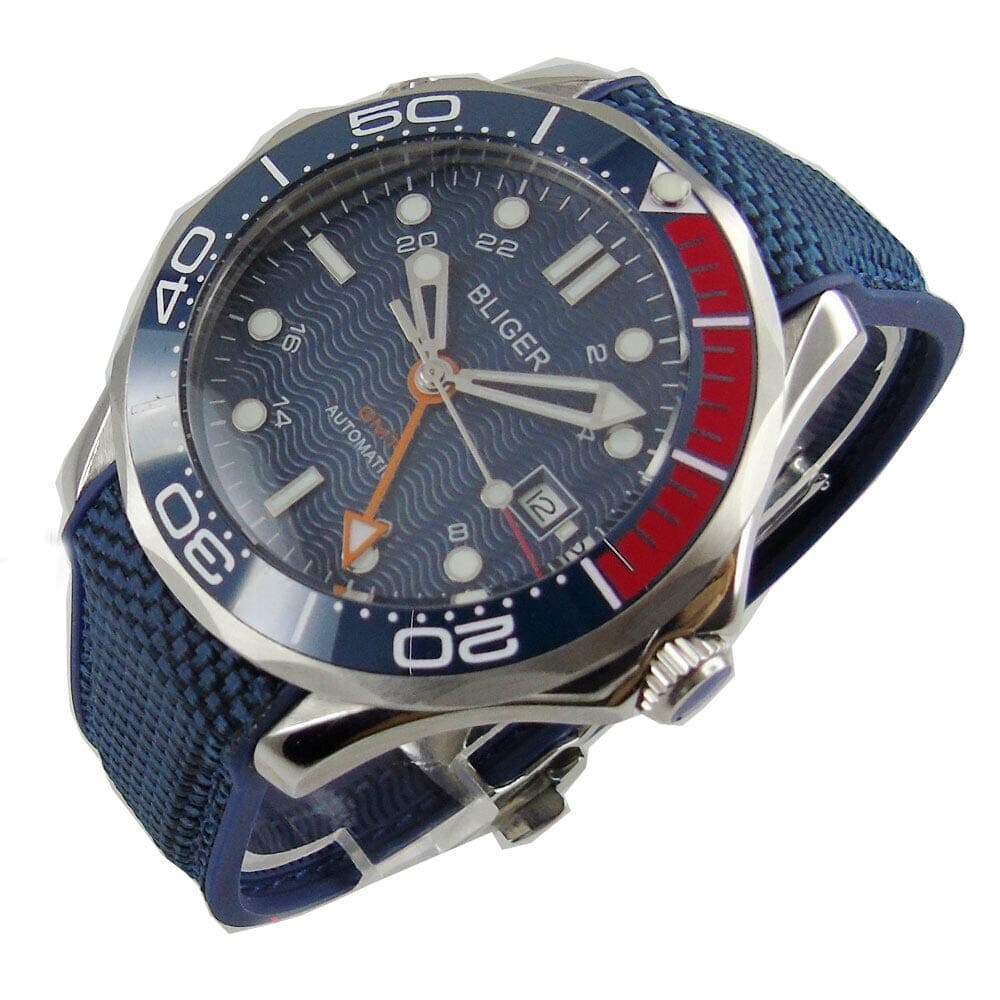 BligerSapphire Bliger 41mm Blue Dial Ceramic Bezel Luminous Marks GMT Function Automatic Movement Men's Watch