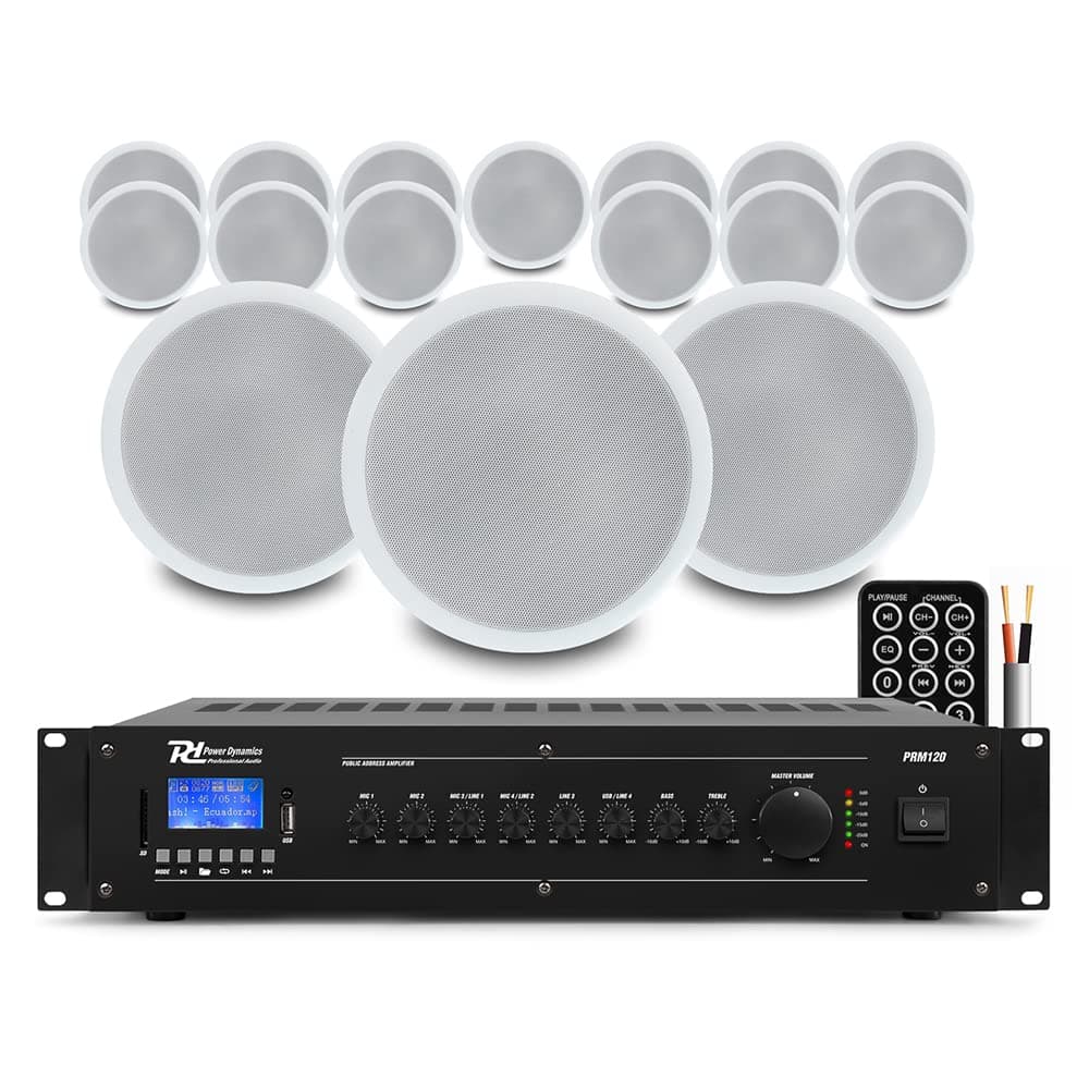 Power Dynamics CSPB5 100V Ceiling Speaker System Kit with PRM120 Mixer Amplifier & Speaker Cable - Full Commercial Audio Setup for Retail, Office, Restaurants, Bars & Homes